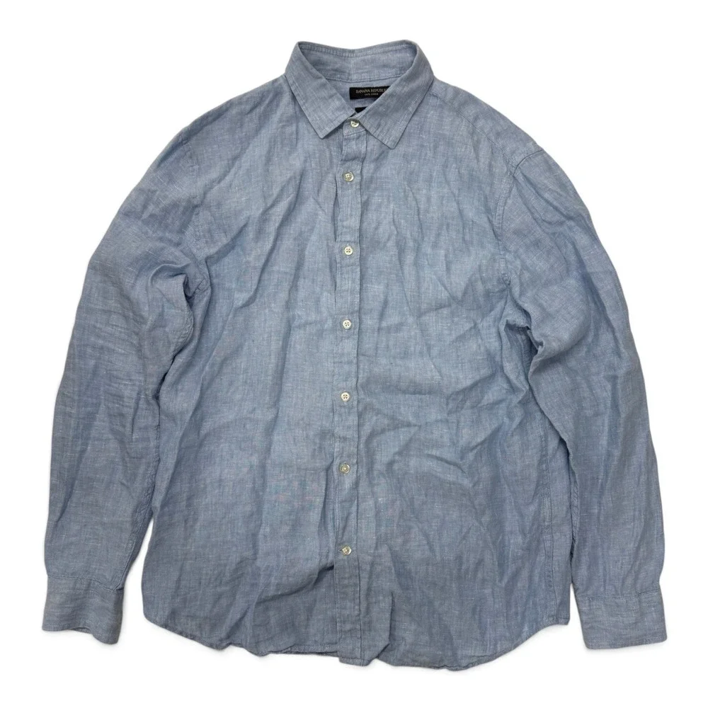 Banana Republic Mens 100% Linen Button Up Shirt Large Blue Slim Fit Long Sleeve